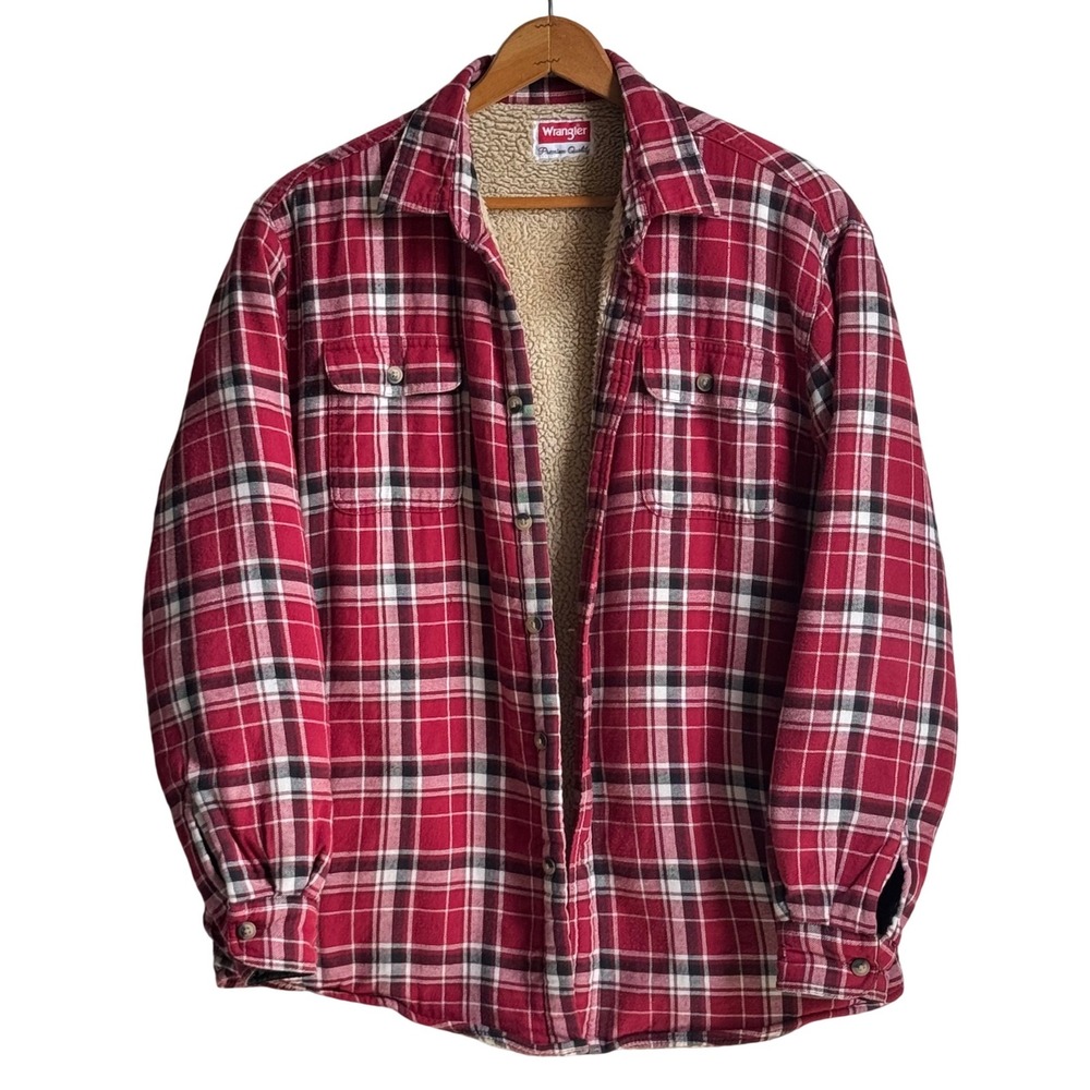 Wrangler Mens Red Plaid Sherpa Lined Flannel Shirt Jacket Large Gorpcore Utility